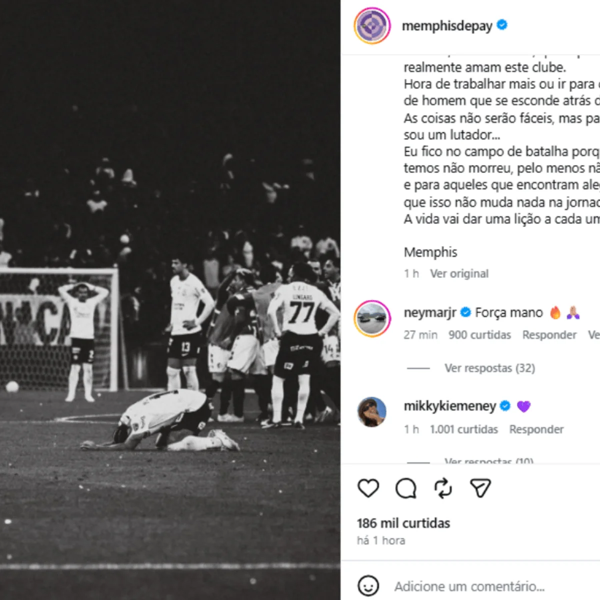 Neymar comenta publicação de Memphis Depay e se solidariza com o jogador