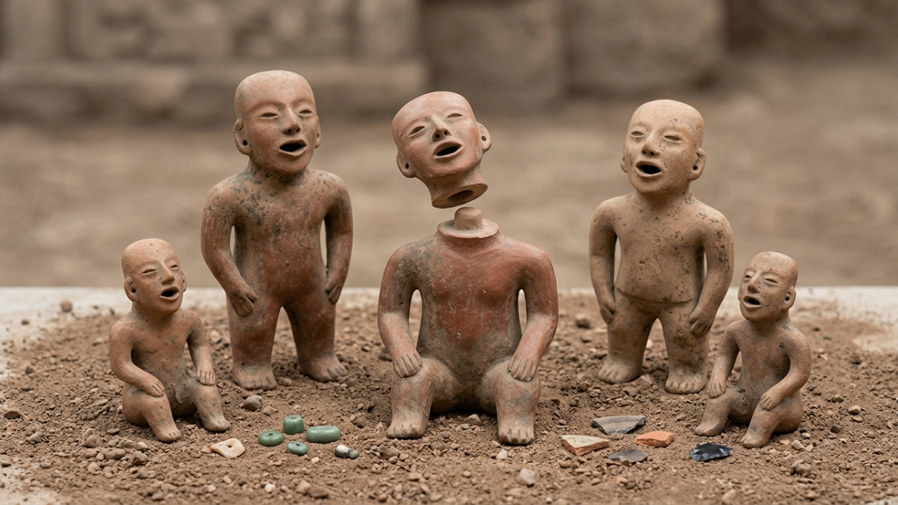 Arqueólogos encontraram bonecos de 2.400 anos com cabeças removíveis e bocas abertas no topo de uma pirâmide, e ninguém sabe exatamente como eram usados