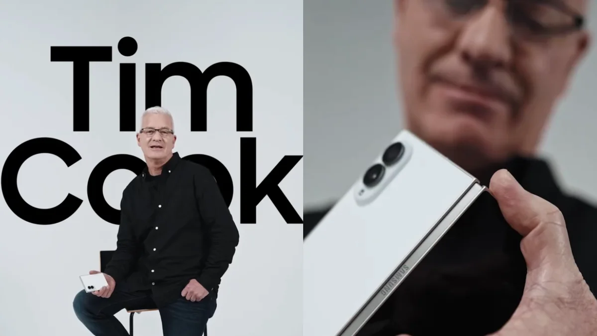 Imagem da matéria: Samsung zoa Apple de novo e põe um “Tim Cook” para testar o Galaxy Z Fold 8