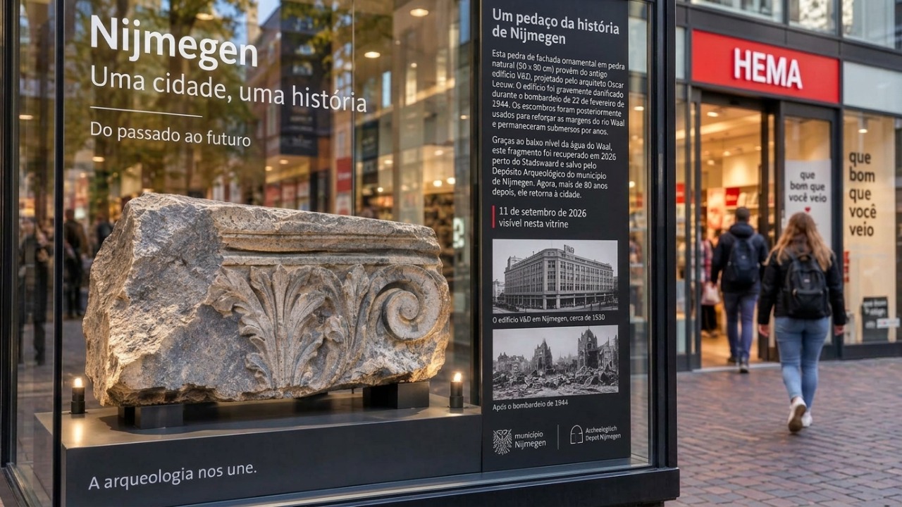 Fragmento da antiga loja V&D de Nijmegen, encontrado após a forte queda do nível da água, ganha novo espaço dentro da Hema