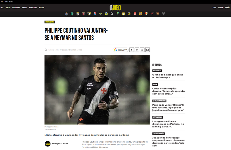 'Companheiro de luxo': imprensa internacional destaca possível acerto entre Coutinho e Santos