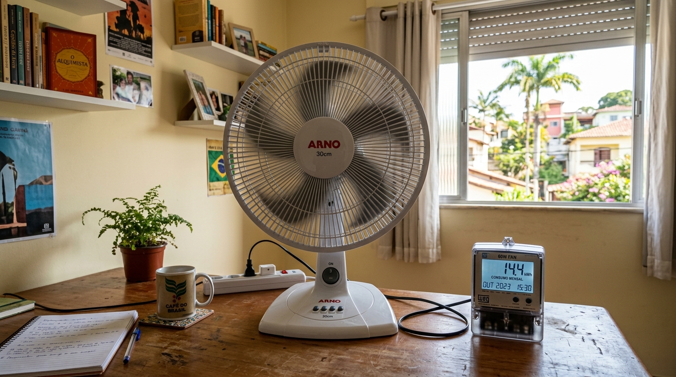 Eletricistas e especialistas em ar condicionado confirmam: “Um ventilador consome 60 watts e custa R$ 11,52 por mês, usando-o 8 horas por dia.”