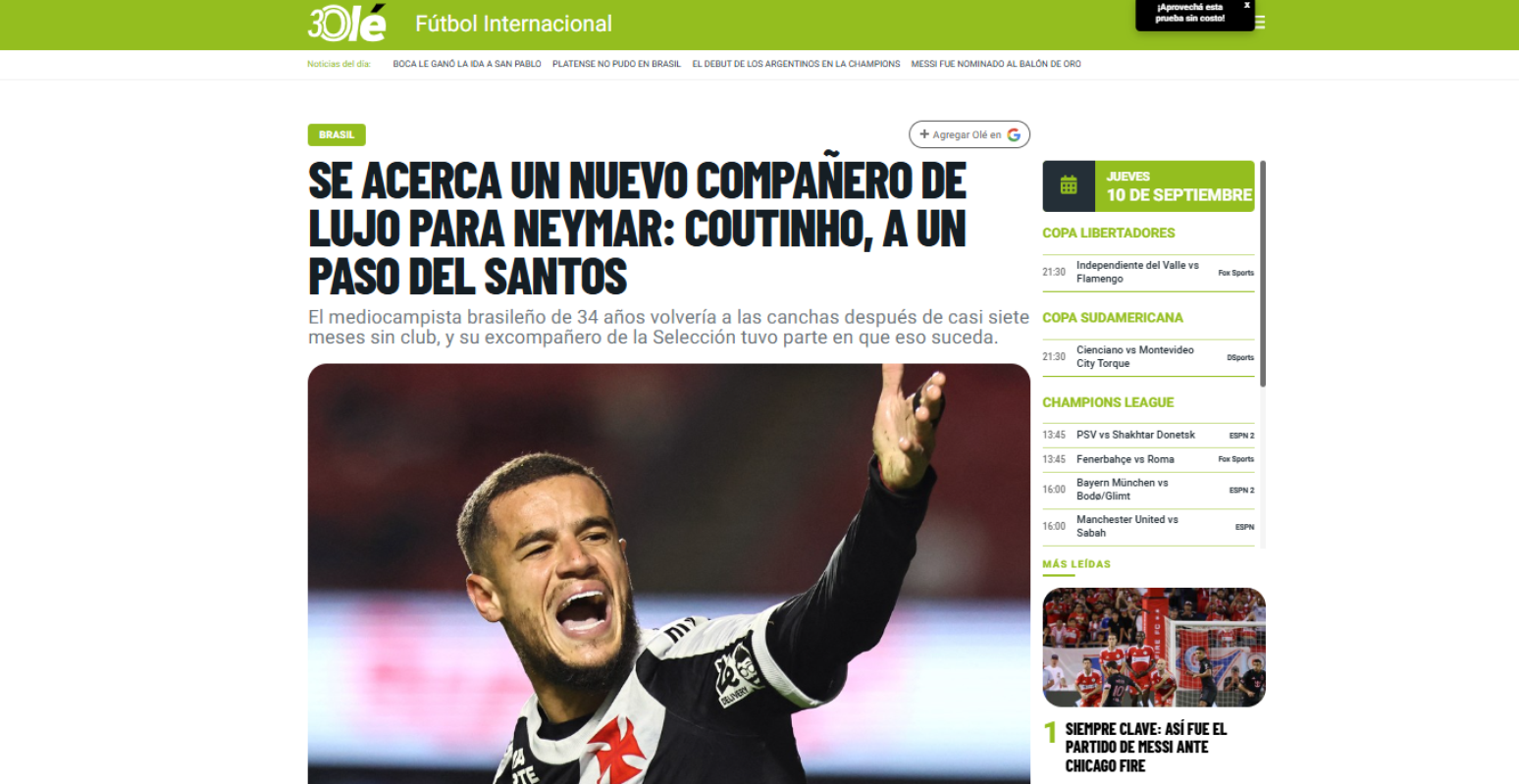 Imprensa internacional destaca poss&iacute;vel acerto entre Coutinho e Santos