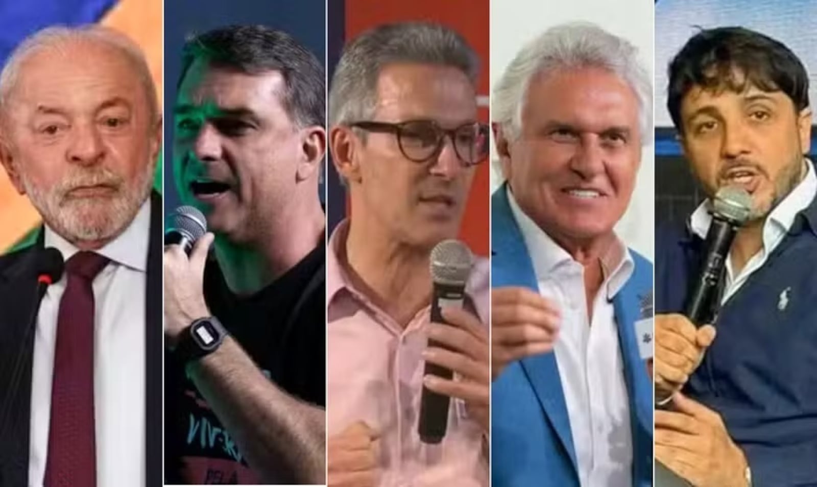 Lula, Flávio Bolsonaro, Romeu Zema, Ronaldo Caiado e Renan Santos — Reprodução RECORD