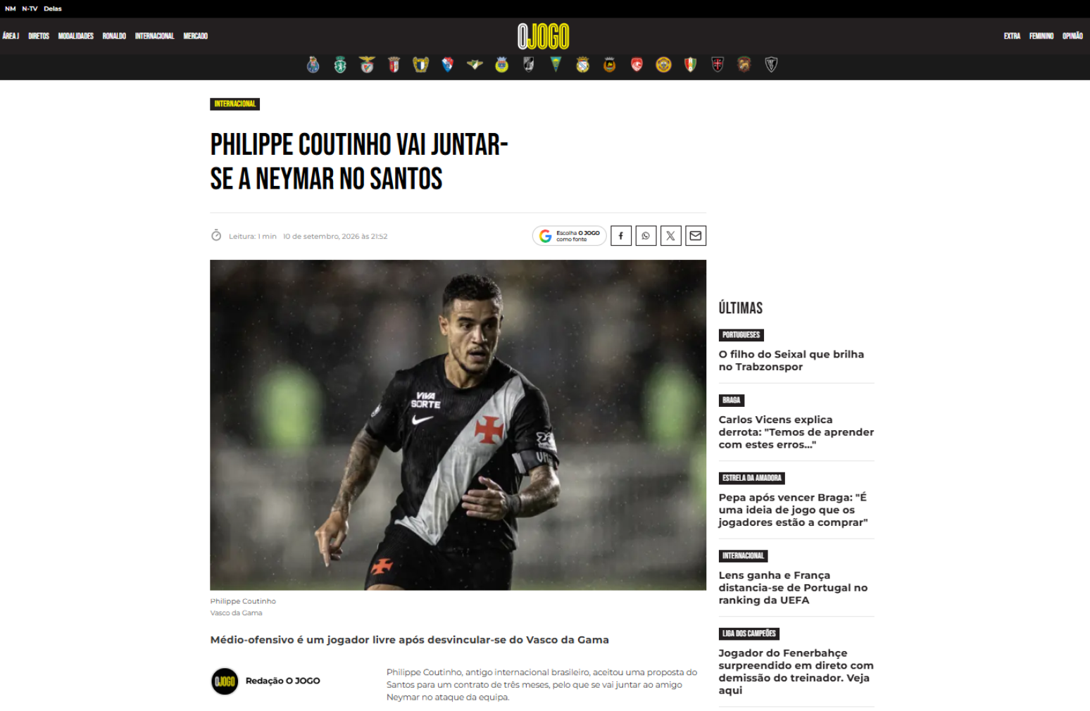 Imprensa internacional destaca poss&iacute;vel acerto entre Coutinho e Santos