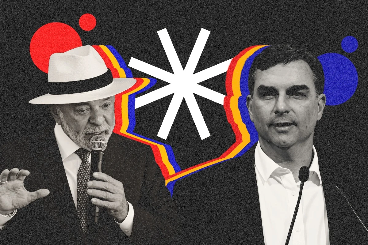 Ilustração mostra montagem de imagens de Lula e Flávio Bolsonaro - Metrópoles