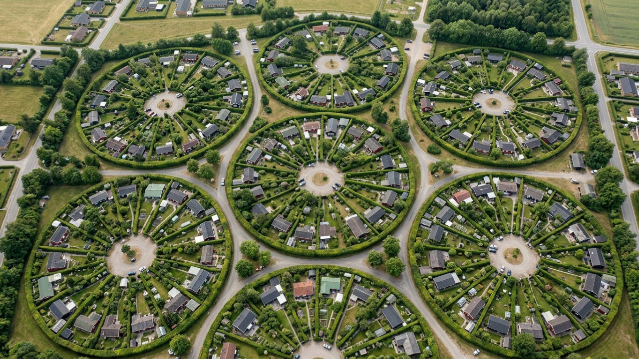Vista do alto, um bairro dinamarquês parece formado por dezenas de círculos perfeitos divididos como fatias de pizza, mas cada pedaço esconde um jardim particular