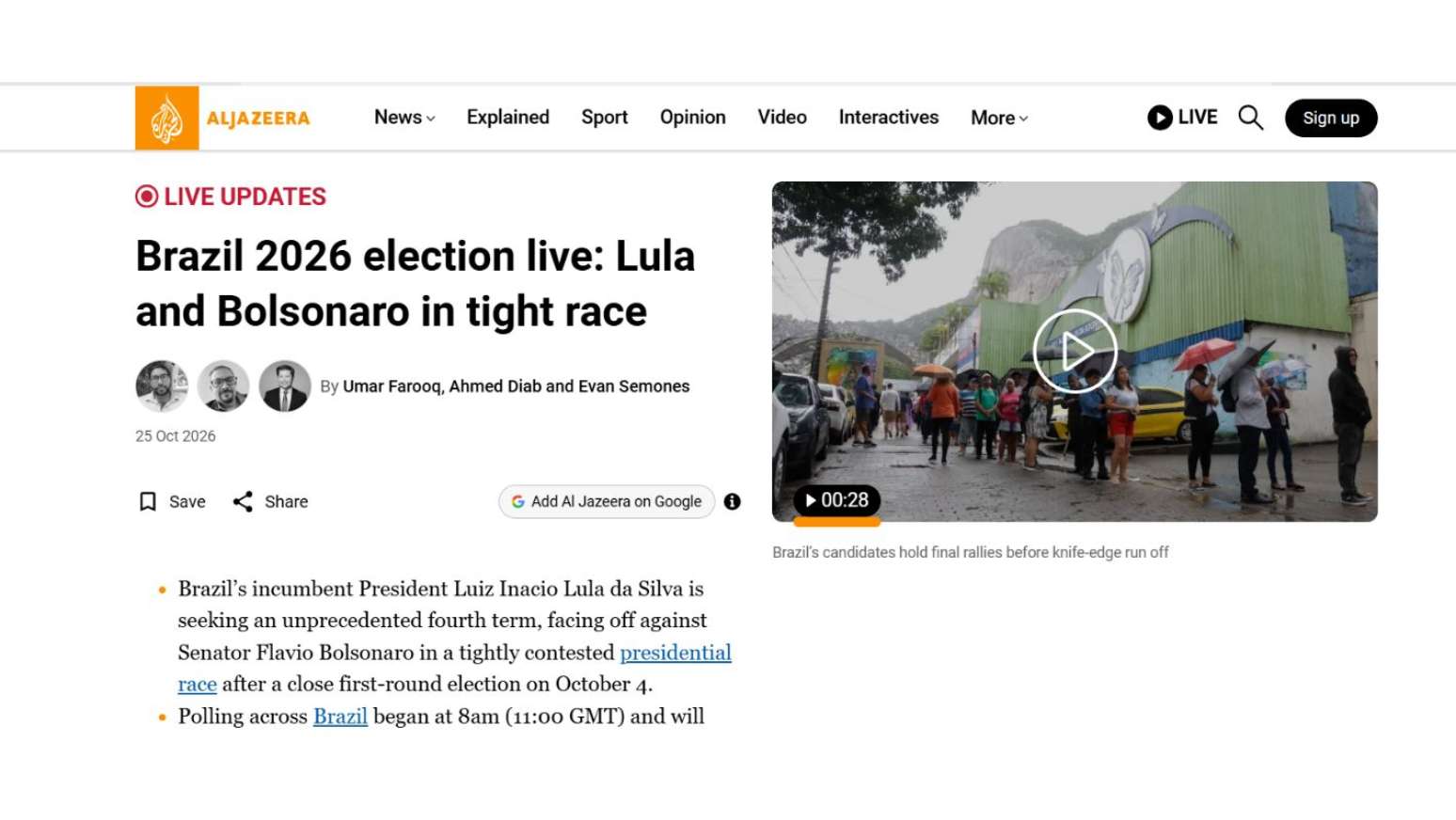 Al Jazeera: Elei&ccedil;&otilde;es no Brasil 2026 ao vivo: Lula e Bolsonaro em disputa acirrada