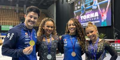 Fl&aacute;via Saraiva e Rebeca Andrade fazem dobradinha na trave; Nory conquista ouro na barra fixa na Copa do Mundo Foto: Reprodu&ccedil;&atilde;o; X: cbginastica / Estad&atilde;o