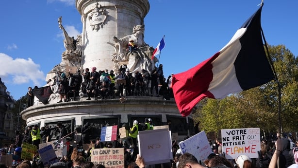 Protesters gather at "Monument a la Republique" during demonstrations in Paris