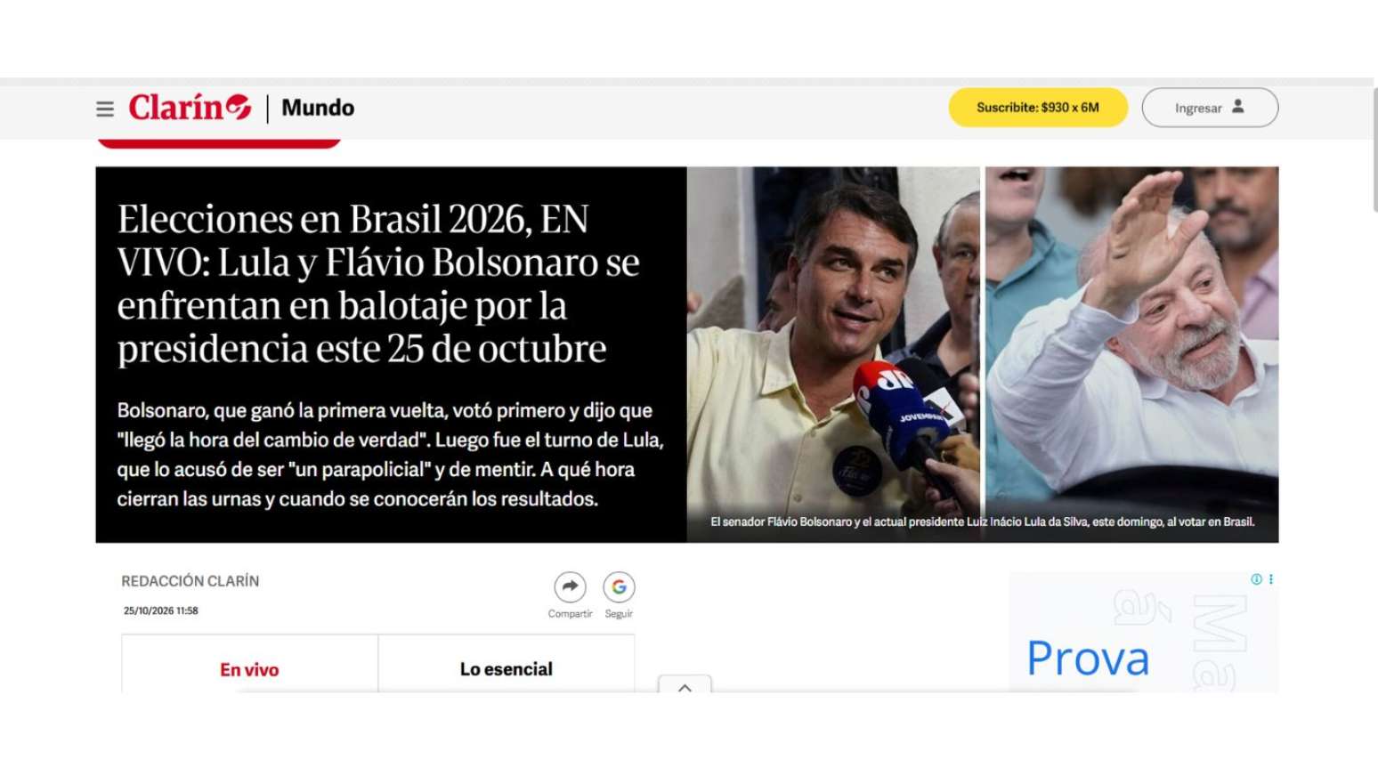 Clar&iacute;n: Elei&ccedil;&otilde;es brasileiras 2026, AO VIVO: Lula e Fl&aacute;vio Bolsonaro disputam o segundo turno das elei&ccedil;&otilde;es presidenciais em 25 de outubro.
