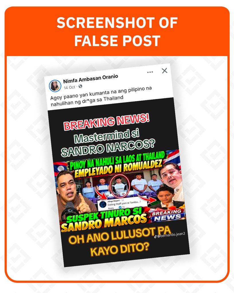 VERIFICAÇÃO DE FATO: Não há relatórios que vinculem Sandro Marcos e Romualdez à operação de drogas em Laos