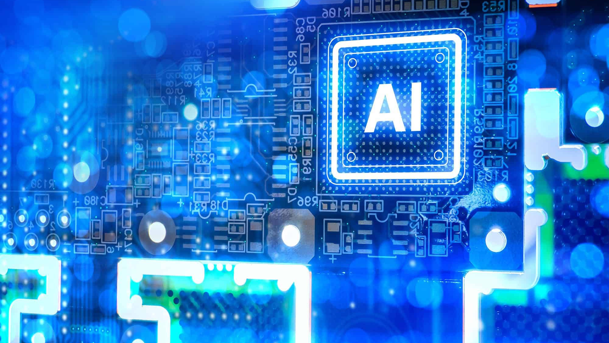 Ilustração de chip de inteligência artificial sobre circuito eletrônico.
