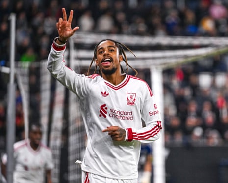 Bradley Barcola celebrates his hat-trick goal for Liverpool as Andoni Iraola’s side turned on the style.